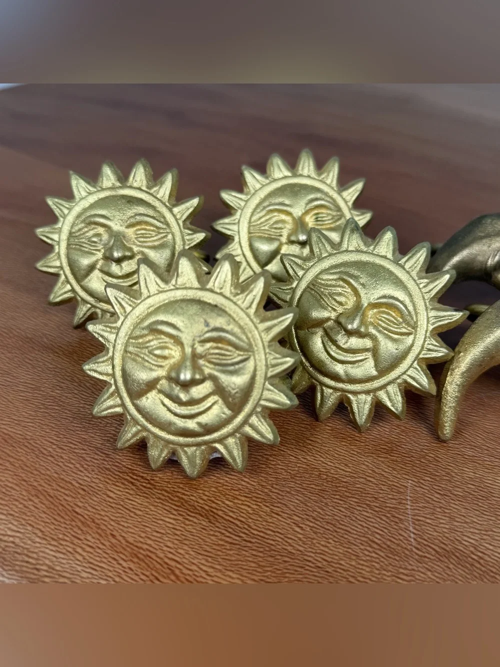 Vintage Brass Napkin Rings Holders Sun Face Celestial 90s Decor Boho Set 10